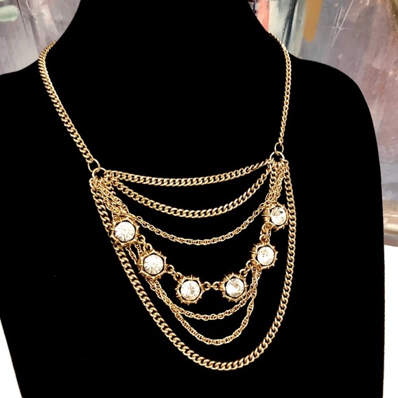 TALBOTS Gold & Crystal Layered Bib Necklace - Picture 4 of 6